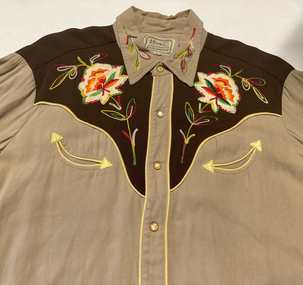 Vintage H Bar C Ranchwear - Brown with Embroidered Floral Western Shirt (L)