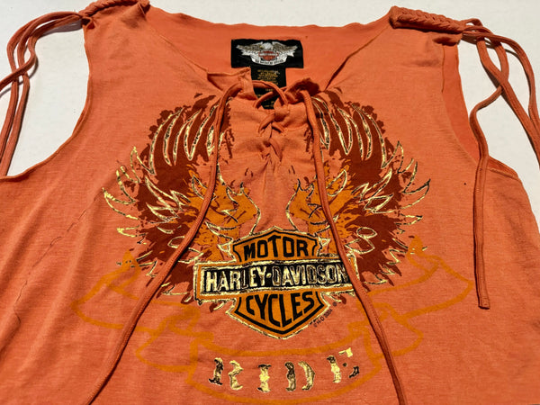 Vintage Harley Davidson Orange Tassel Crop Tank Top (M)