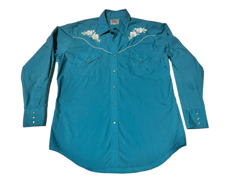 Vintage ‘Ely Diamond’ Western Shirt - Blue with Flowers (L)