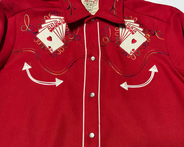 Vintage 70s H Bar C California Ranchwear Red ‘Royal Flush’ Western Shirt (S/M)