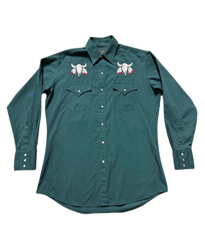 Vintage ‘Plains’ Green with Longhorns  - Western Shirt (M)