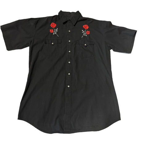 Vintage ‘Blair’ Short Sleeve Western Shirt - Black with Flowers (M)