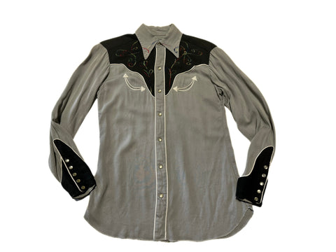 Vintage H Bar C Ranchwear - Grey with Embroidered Floral- Western Shirt (XS-S)