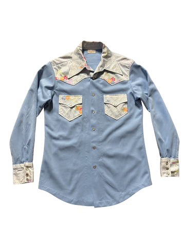 Vintage Blue Floral ‘Custom Made’ - Western Shirt (L)