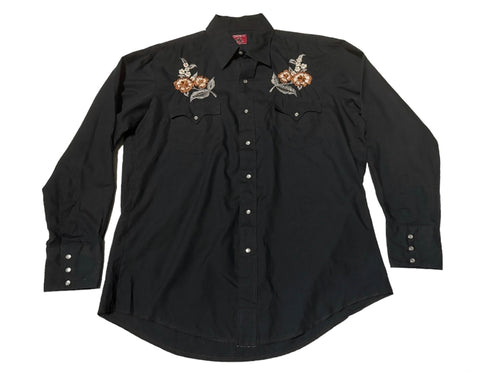 Vintage ‘Chute’ Western Shirt - Black with Brown Flowers (M)