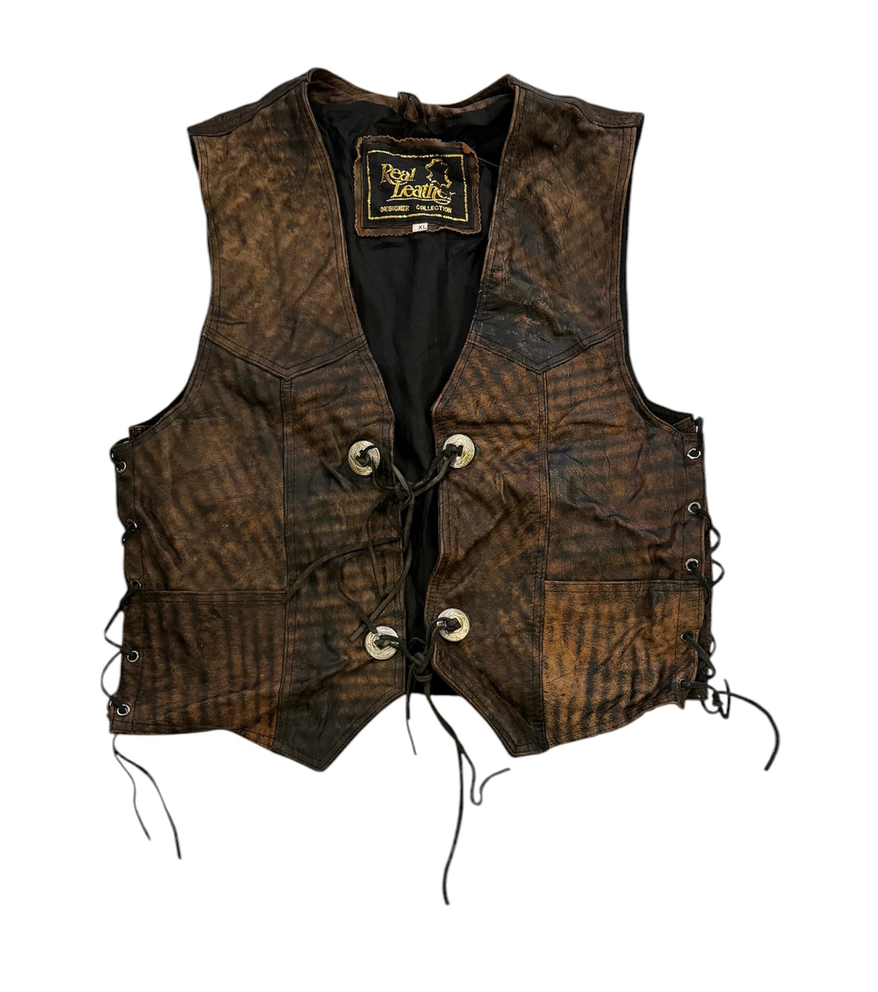 Vintage Dark Brown Leather Vest - Conchos (XL)