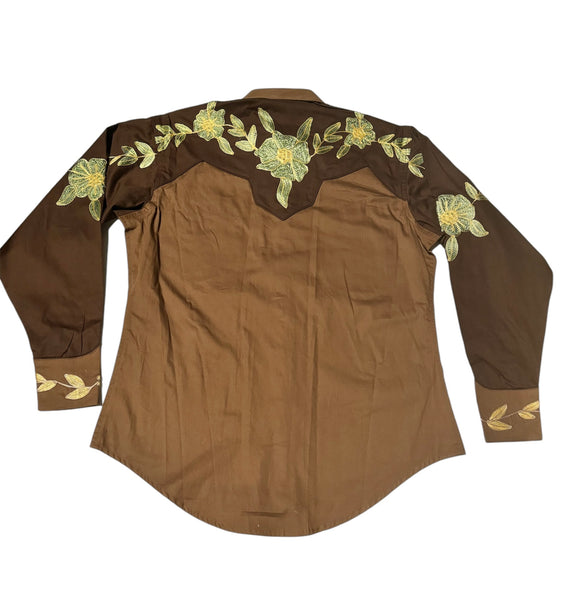 Rockmount Ranch Wear Western Shirt -  Brown Embroidered Floral Two Tone