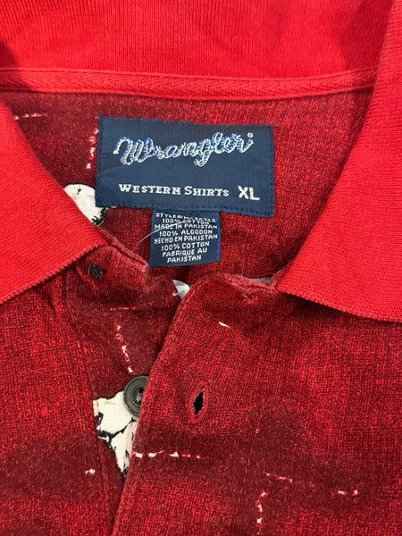 Vintage Wrangler Polo Shirt -Red with Longhorns (XL)