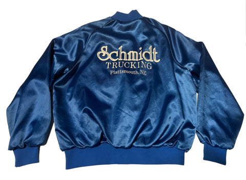 Vintage Blue Schmidt Trucking Satin Bomber Jacket - (L)