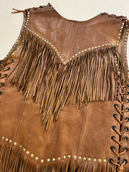 Vintage Brown Stud LeatherSuede Fringe Vest  (S/M)