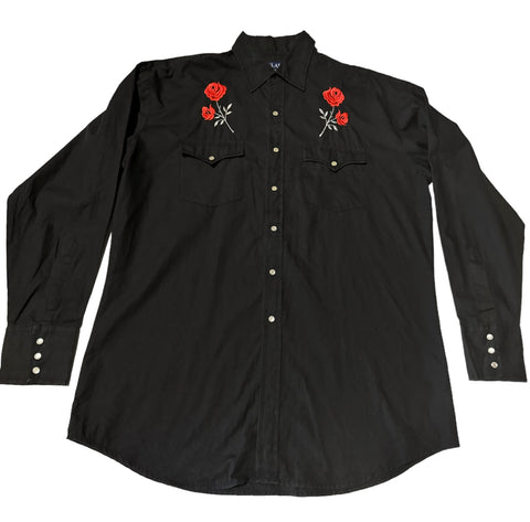 Vintage ‘Blair’ Western Shirt - Black with Stem Roses (M)