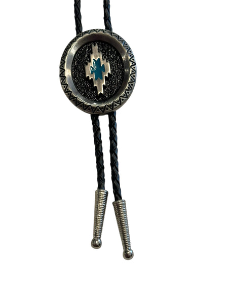 Bolo Tie -Silver Aztec Round