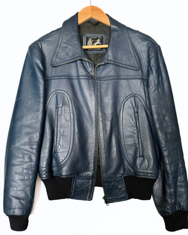 Vintage Navy Leather Bomber Jacket (S)