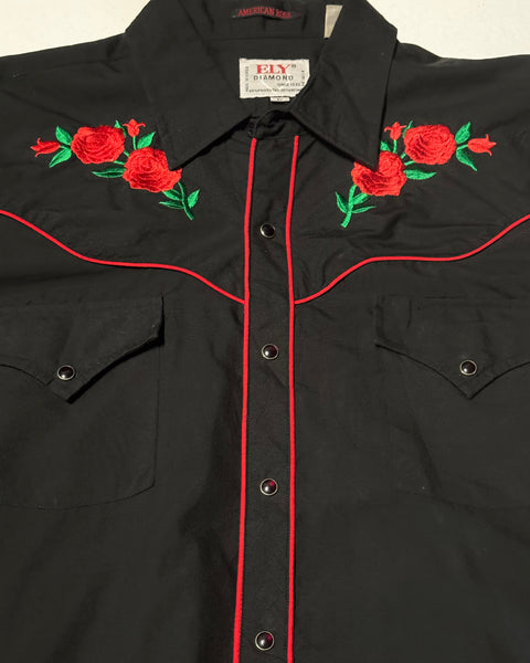 Vintage ‘Ely Diamond’ Western Shirt - Black with Roses (L)