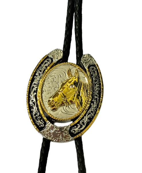 Bolo Tie Bolo Tie - Oval Horsehead - Gold/Black Horseshoe, Made in USA