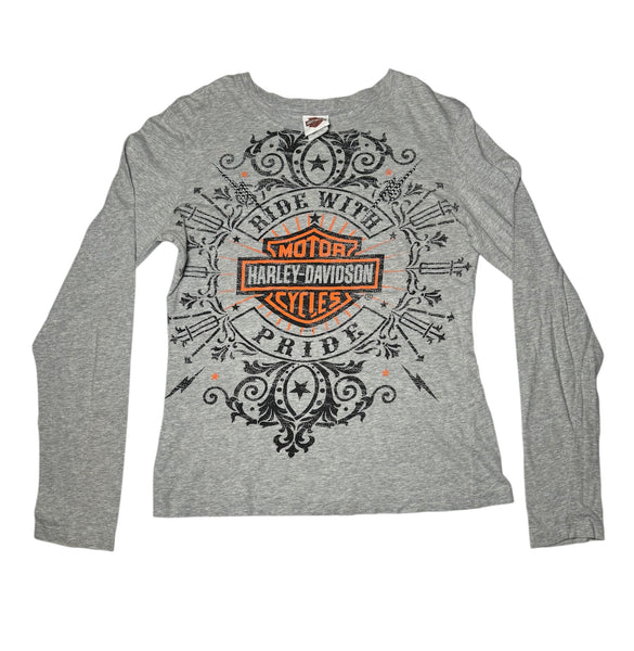 Vintage Harley Davidson Long Sleeve Top - Grey with Logo   (L)