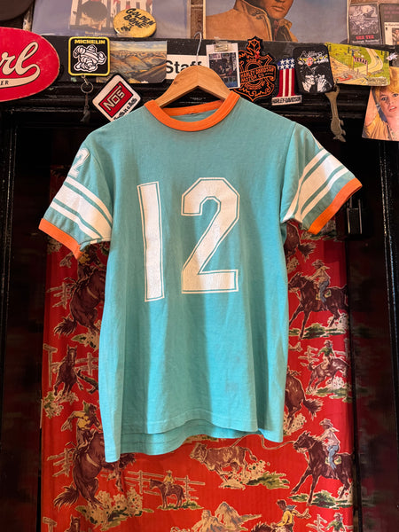 Vintage Aqua Blue ‘12’ Baseball Ringer T-shirt (S/M)