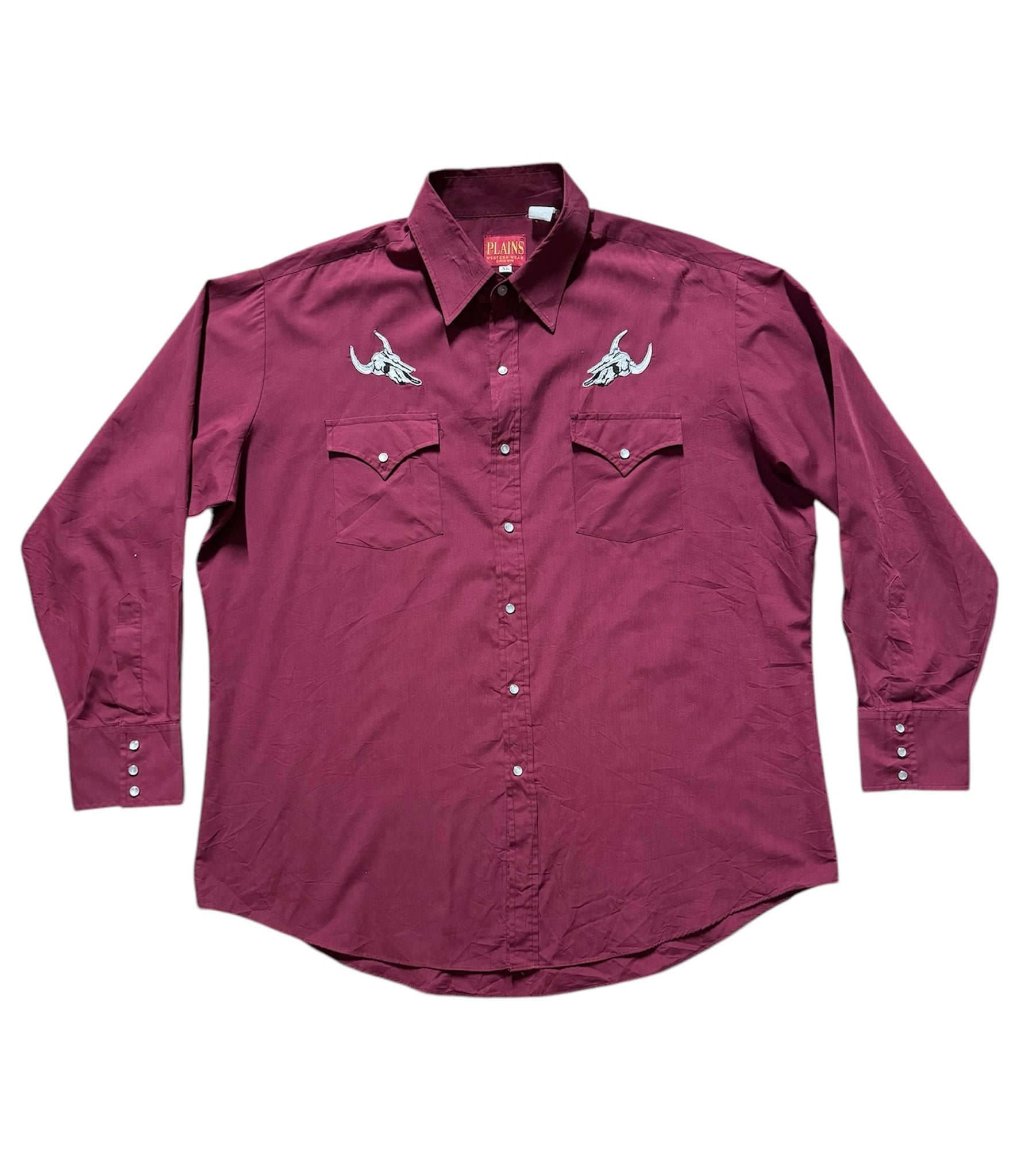 Vintage Maroon with Longhorn Skulls ‘Plains’ - Western Shirt (XL)