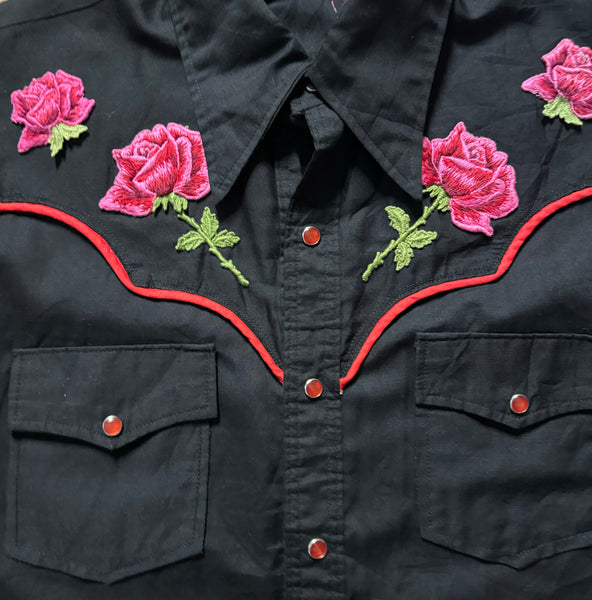 Vintage Black with Embroidered Roses Western Shirt (M)