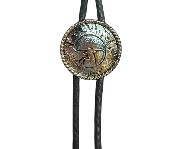 Bolo Tie -  Longhorn Round,  Silver