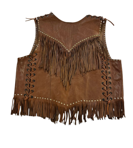 Vintage Brown Stud LeatherSuede Fringe Vest  (S/M)