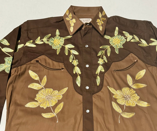 Rockmount Ranch Wear Western Shirt -  Brown Embroidered Floral Two Tone