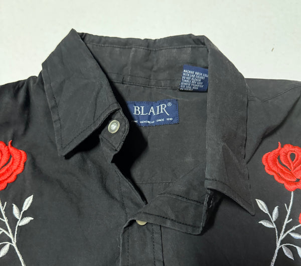 Vintage ‘Blair’ Short Sleeve Western Shirt - Black with Flowers (M)