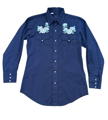 Vintage Navy Blue Floral Western Shirt (S/M)