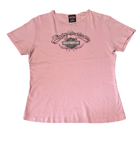 Vintage Harley Davidson Baby Tee- Baby Pink & Silver  (XL)