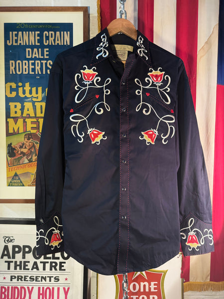 Rockmount Ranch Wear Western Shirt -  Art Deco Floral Embroidery Navy