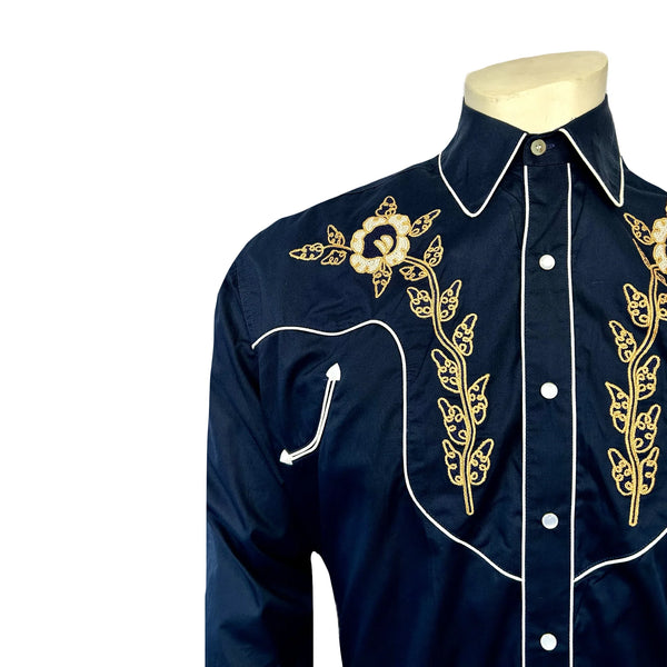 Rockmount Ranch Wear Western Shirt - Navy with Brown Floral Embroidered