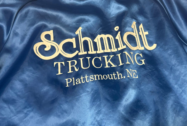 Vintage Blue Schmidt Trucking Satin Bomber Jacket - (L)
