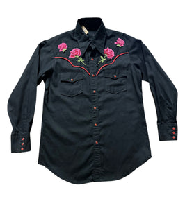 Vintage Black with Embroidered Roses Western Shirt (M)