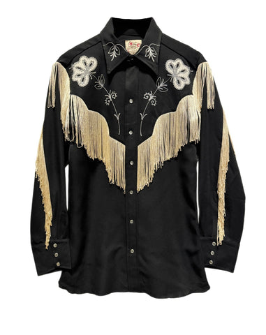 Vintage H Bar C Ranchwear - Black with Embroidered Floral and Fringe Western Shirt (M-L)