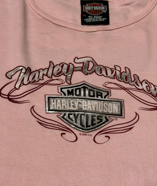 Vintage Harley Davidson Baby Tee- Baby Pink & Silver  (XL)