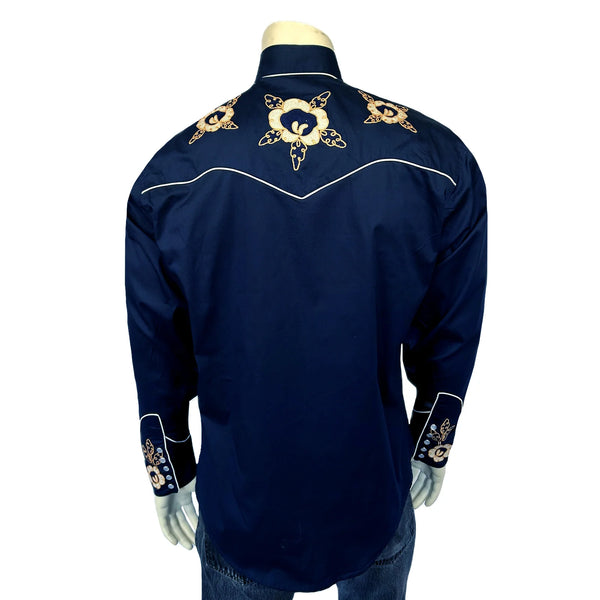 Rockmount Ranch Wear Western Shirt - Navy with Brown Floral Embroidered