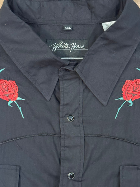 Vintage Black ‘White Horses’ with Roses Western Shirt (XXL)