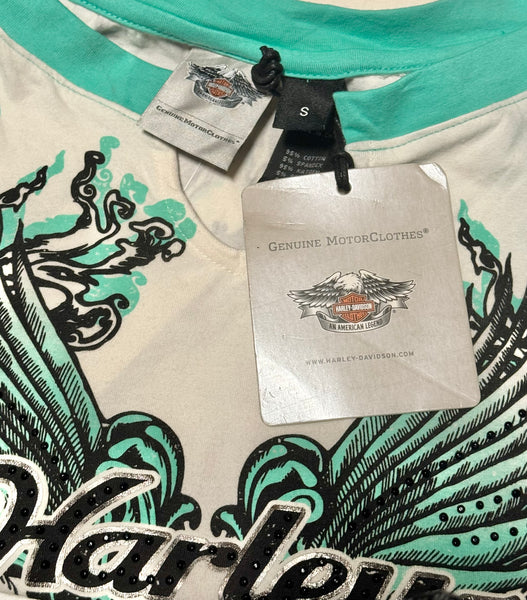 Vintage Harley Davidson Aqua Green 3/4 Sleeve Top (S)