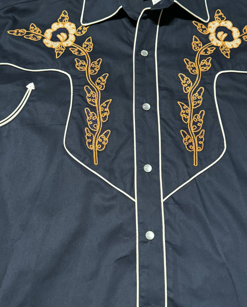 Rockmount Ranch Wear Western Shirt - Navy with Brown Floral Embroidered