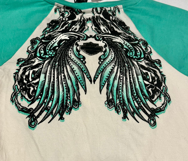 Vintage Harley Davidson Aqua Green 3/4 Sleeve Top (S)