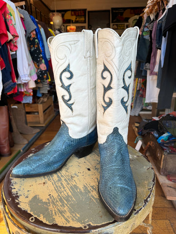 Blue & White Snakeskin Cowboy Boots (7.5/8 Womens)