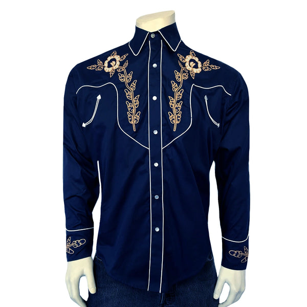 Rockmount Ranch Wear Western Shirt - Navy with Brown Floral Embroidered