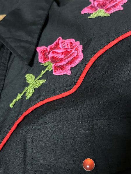 Vintage Black with Embroidered Roses Western Shirt (M)