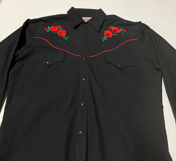 Vintage ‘Ely Diamond’ Western Shirt - Black with Roses (M)