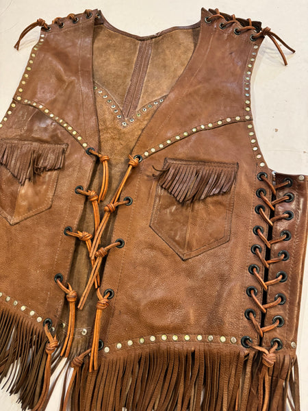 Vintage Brown Stud LeatherSuede Fringe Vest  (S/M)