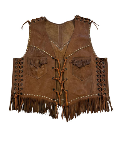 Vintage Brown Stud LeatherSuede Fringe Vest  (S/M)