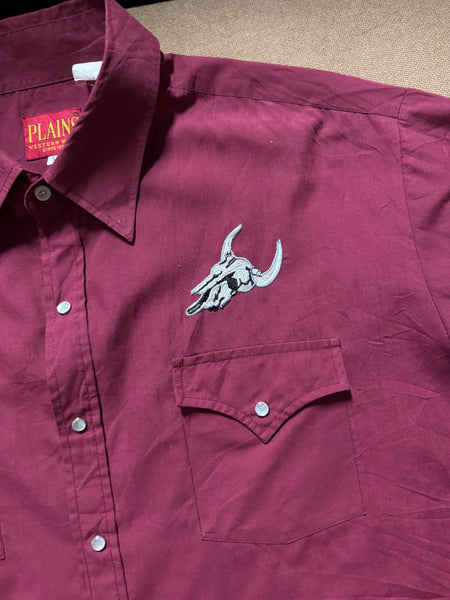 Vintage Maroon with Longhorn Skulls ‘Plains’ - Western Shirt (XL)