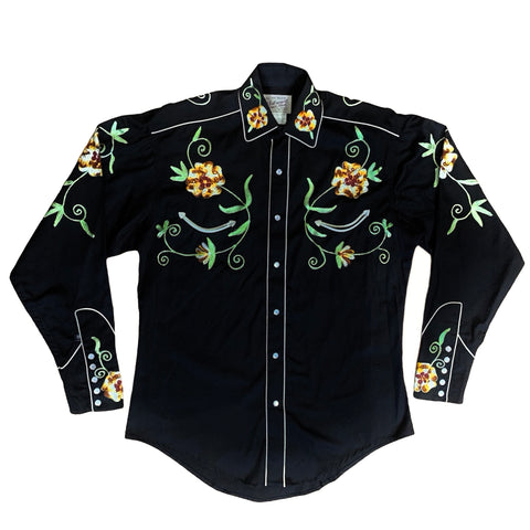 Rockmount Ranch Wear Western Shirt - Floral Embroidery Cotton Gabardine Black