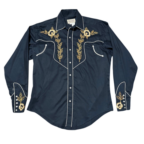 Rockmount Ranch Wear Western Shirt - Navy with Brown Floral Embroidered