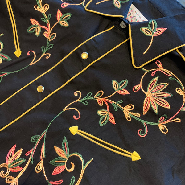 Rockmount Ranch Wear Western Shirt -  Black Vintage Variegated Floral Embroidery